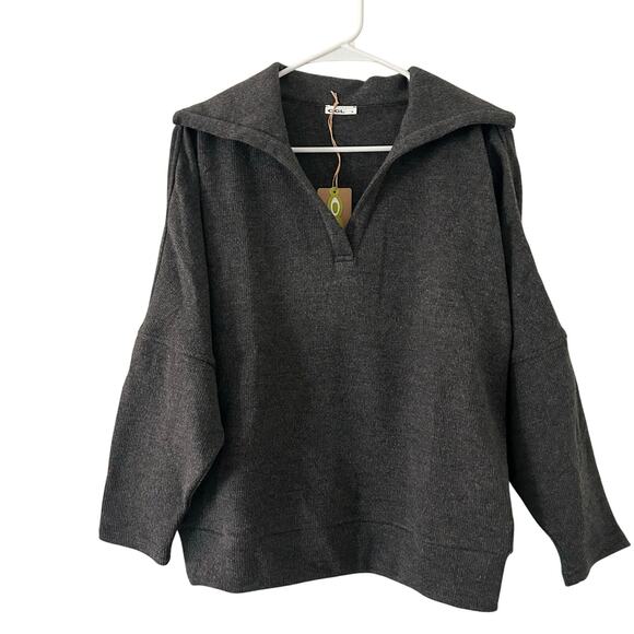 OGL Cozy Collared V-Neck Batwing Sleeve Pullover Heather Black L Large New - Picture 2 of 7